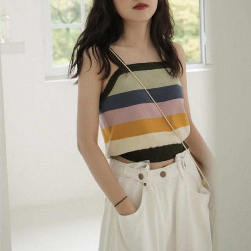 Áo dệt kim không tay phối hoạ tiết kẻ sọc ngang nữ tính