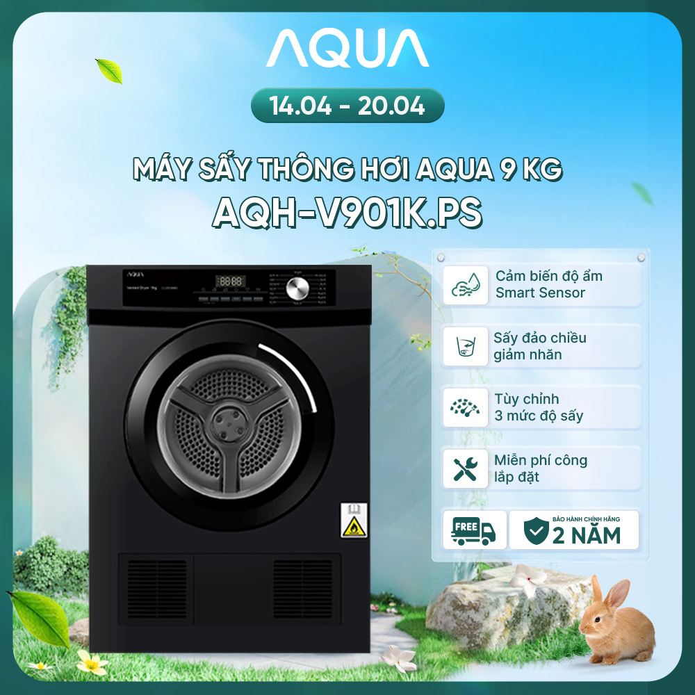 Máy sấy thông hơi Aqua 9 kg AQH-V901K PS - Freeship toàn quốc - Bảo hành 2 năm - Hàng chính hãng