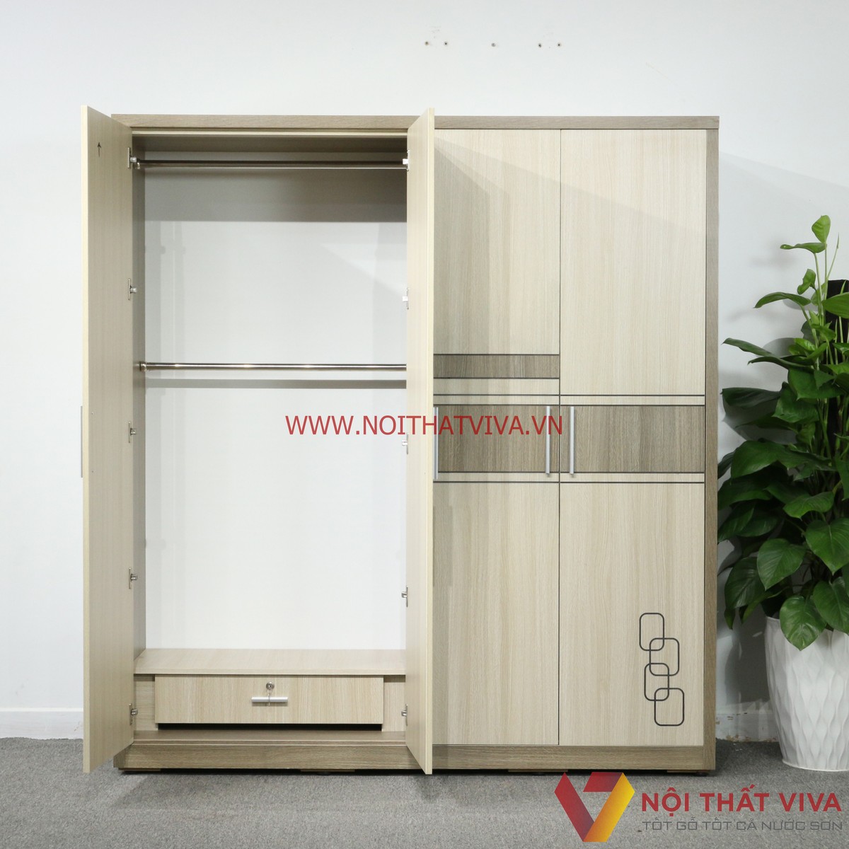 Tủ Quần Áo 4 Cánh Gỗ MDF Màu Xám Vân Gỗ Chạy Chỉ Chạm Họa Tiết Tinh Xảo Đẹp