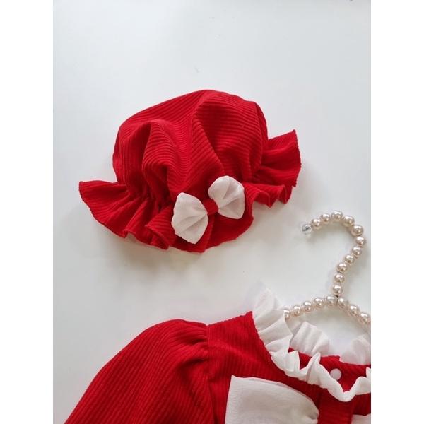Body nỉ nhung dài tay cho bé gái kèm mũ và tất vải - body nơ thu đông màu đỏ mặc tết bé sơ sinh - set 3 chi tiết trẻ em