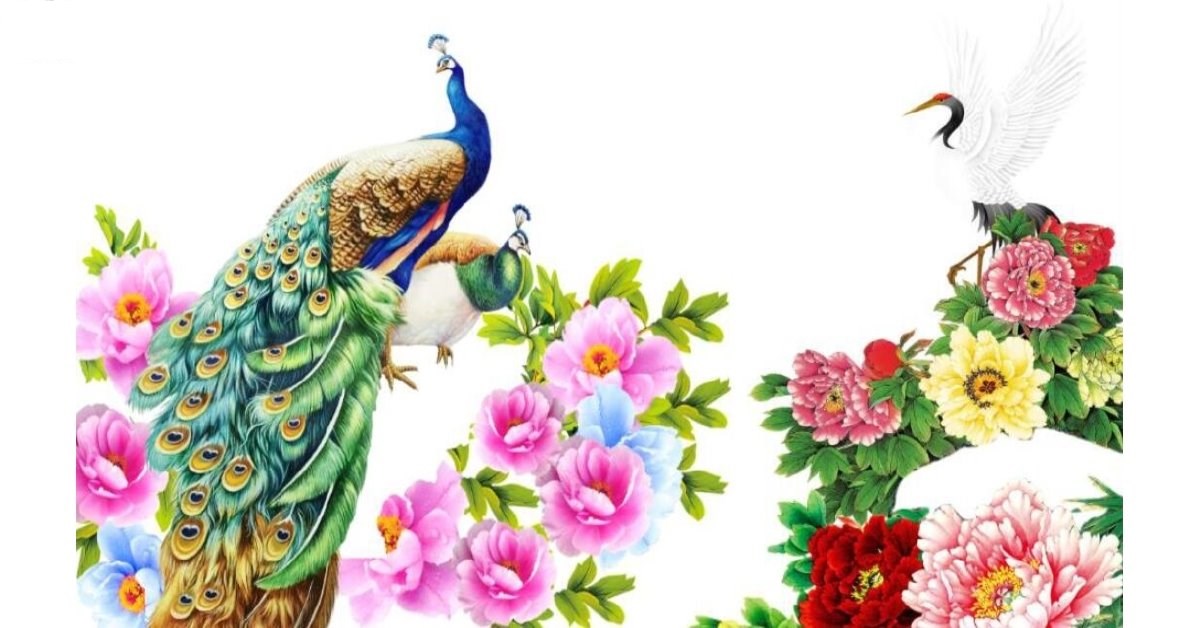 Tranh đính đá cha mẹ chim công hoa mẫu đơn VS252 - 75 x 45 cm - chưa đính