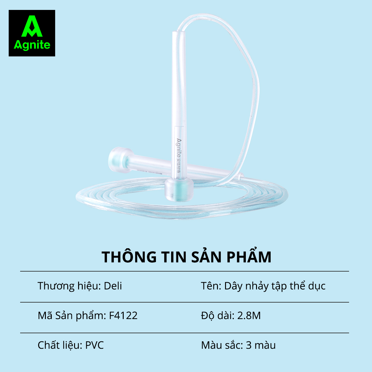 Dây nhảy tập thể dục Trong suốt Agnite chính hãng - Lõi nhựa PVC cao cấp - Dài 2.8m - Màu Hồng/Xanh dương/Xanh lá - F4122