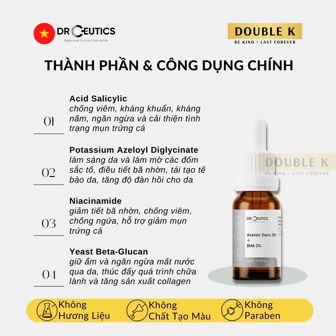 Serum Mụn DrCeutics Azelaic Deriv 20% + BHA 2% - Giảm Mụn, Mờ Thâm Sau Mụn; Ngừa Mụn Tái Phát - Double K