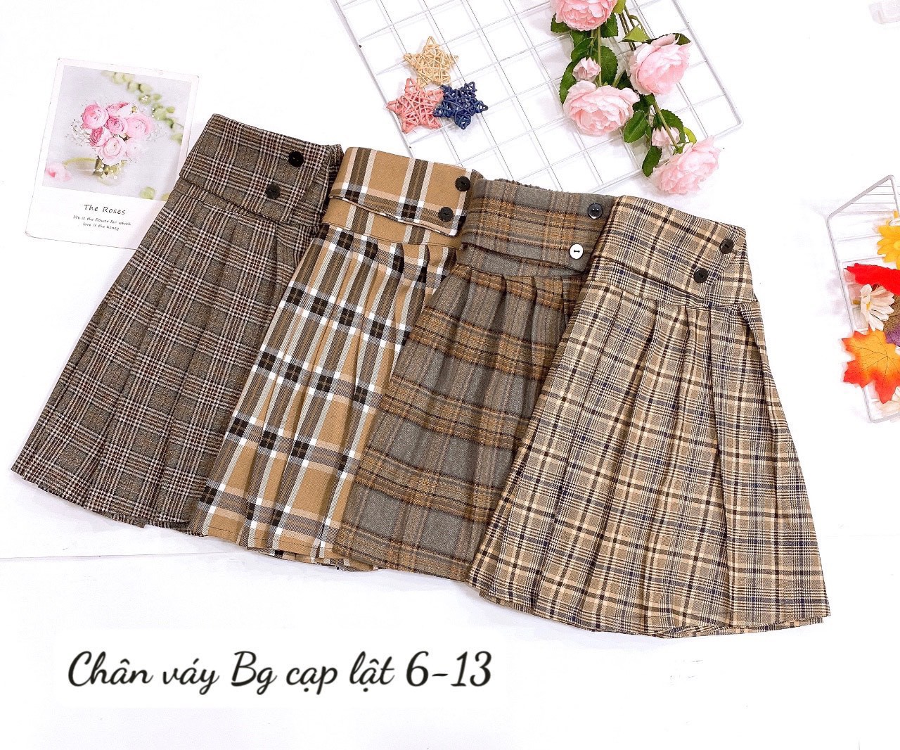 Chân váy bé gái size đại, Chân váy xếp ly cho bé 6-14 tuổi kẻ đính cúc xanh kiểu dáng thời trang