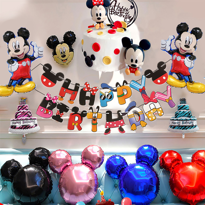 Set trang trí sinh nhật dây treo Happy birthday và bong bóng chuột mickey cho bé - Phụ kiện trang trí thôi nôi