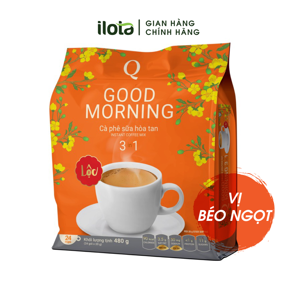 Cà phê Hoà tan 3 in 1 Goodmorning (bịch 24 gói x 20gr) Cafe sữa uống liền Trần Quang Coffee