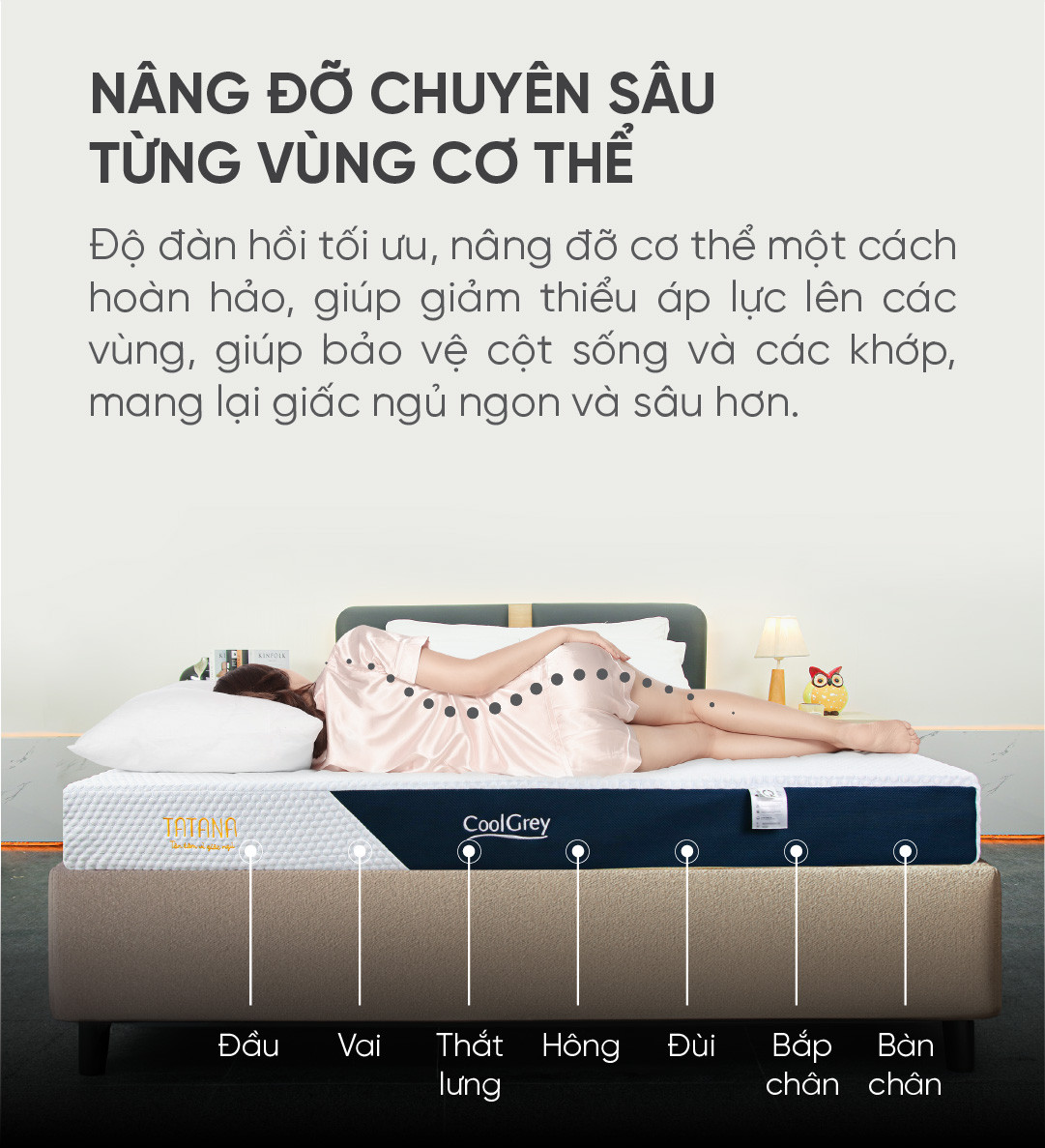 Nệm cao su thiên nhiên than hoạt tính Tatana Cool Grey,Kháng Khuẩn Khử Mùi, Êm Ái Nâng Đỡ Cột Sống