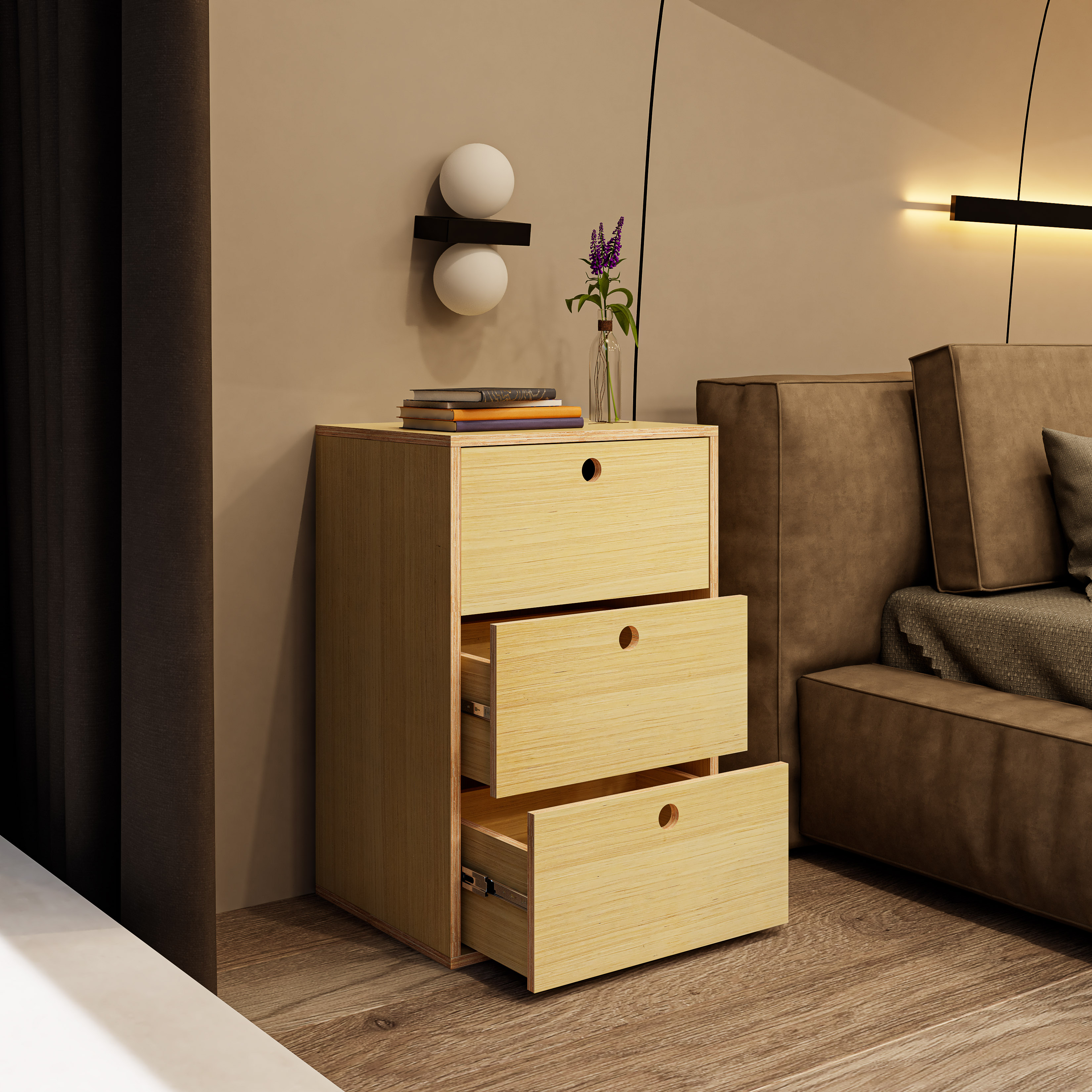 HAPPY FURNITURE , Gỗ tự nhiên , Tủ lưu trữ 3 ngăn kéo gỗ Plywood - SANARI , THK_197 , 54cm x 45cm x 82cm DxRxC