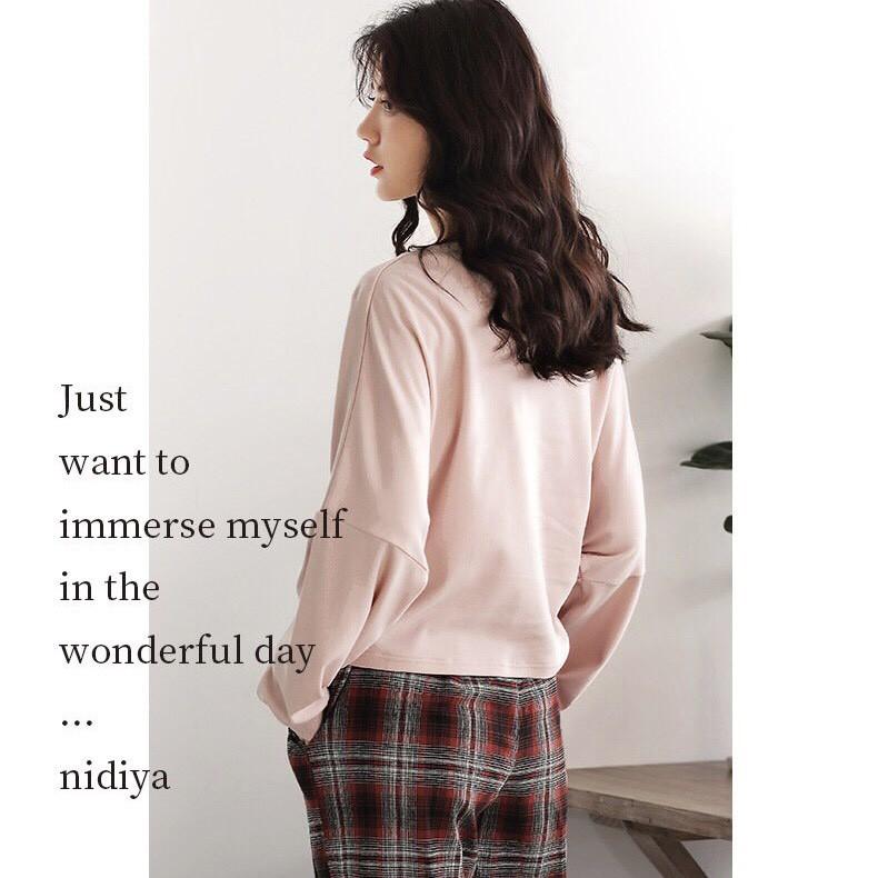 Bộ mặc nhà nữ dài tay vải thun cotton cột nơ quần kẻ