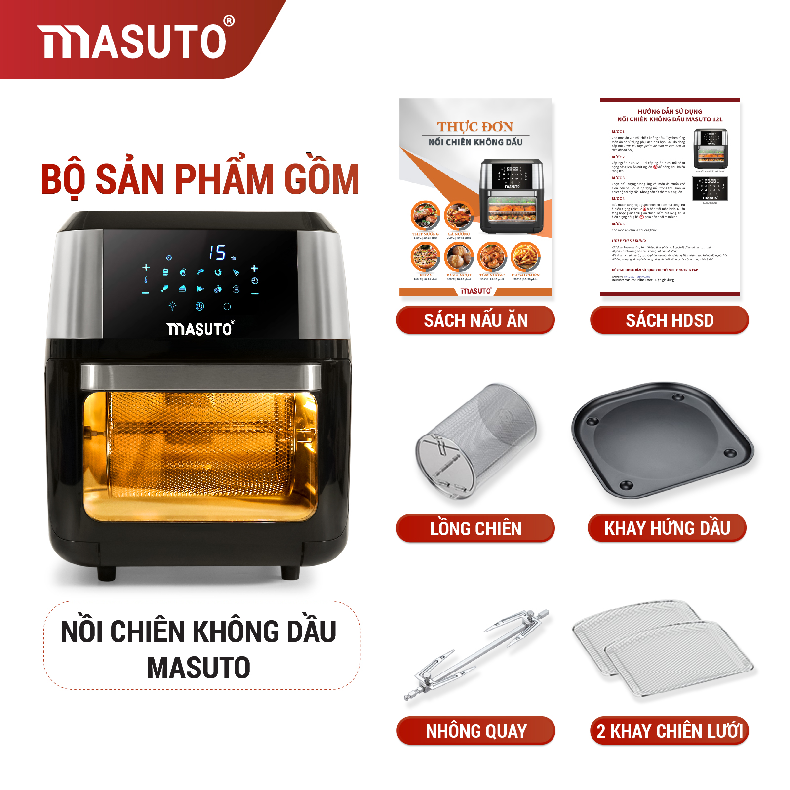 Nồi Chiên Không Dầu Masuto 12L Nướng Gà Nguyên Con Giỏ Inox Cao Cấp Thực Phẩm Chín Đều Ngoài Giòn Trong Mềm Mọng Nước-Hàng chính hãng