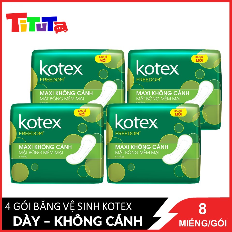 Combo 4 Băng Vệ Sinh Maxi 23cm Không Cánh Kotex FreeDom Mặt Bông Mềm Mại 8 miếngx4