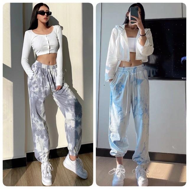 Quần jogger nữ loang màu unisex dành cho cả nam nữ ống rộng vải da cá