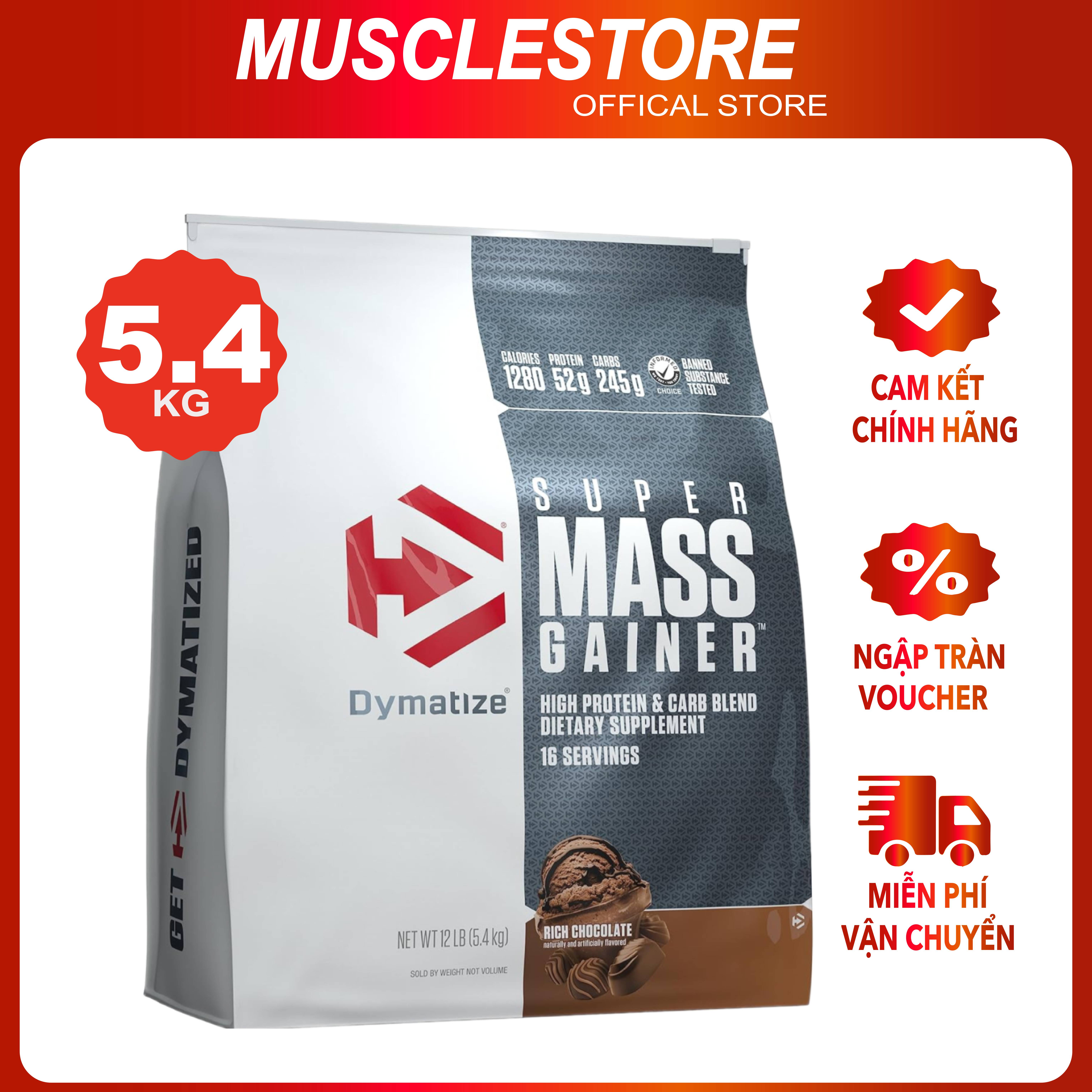 Dymatize Super Mass Gainer 5.4Kg (12Lbs),Sữa Tăng Cân Tăng Cơ, Bổ Sung 1280 Calo, 52G Protein và Vitamin Khoáng Chất