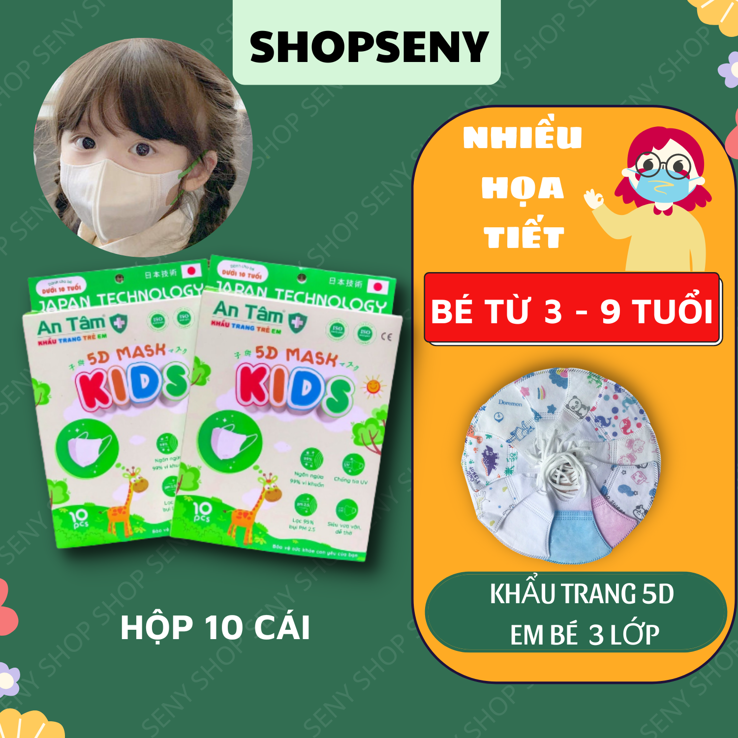 Khẩu trang trẻ em 5d mask từ 3-8 tuổi ngăn khói bụi không sù lông An Tâm Hộp 10 cái