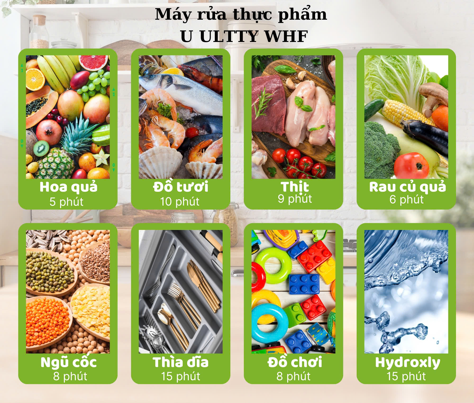 Máy Rửa Thực Phẩm Thông Minh U ULTTY WHF - Dung tích 10L, Công nghệ điện phân kép Hydroxyl và sóng siêu vi giúp loại bỏ 99,99% vi khuẩn, hóa chất độc hại, bảo hành 2 năm - Hàng chính hãng