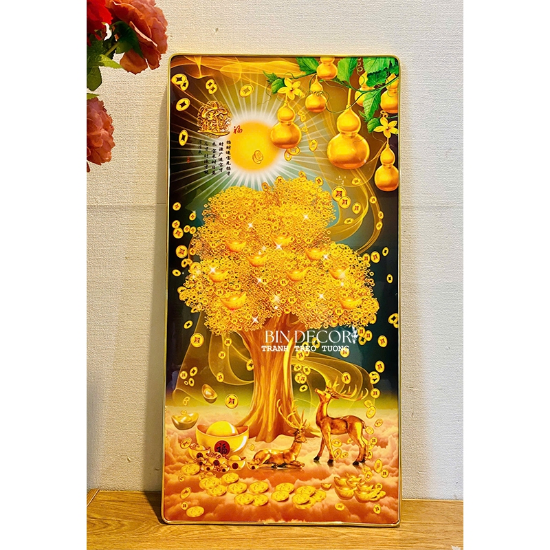 (ẢNH THẬT) Tranh treo tường tráng gương cây kim tiền vàng 5 khổ dọc trang trí decor phòng khách