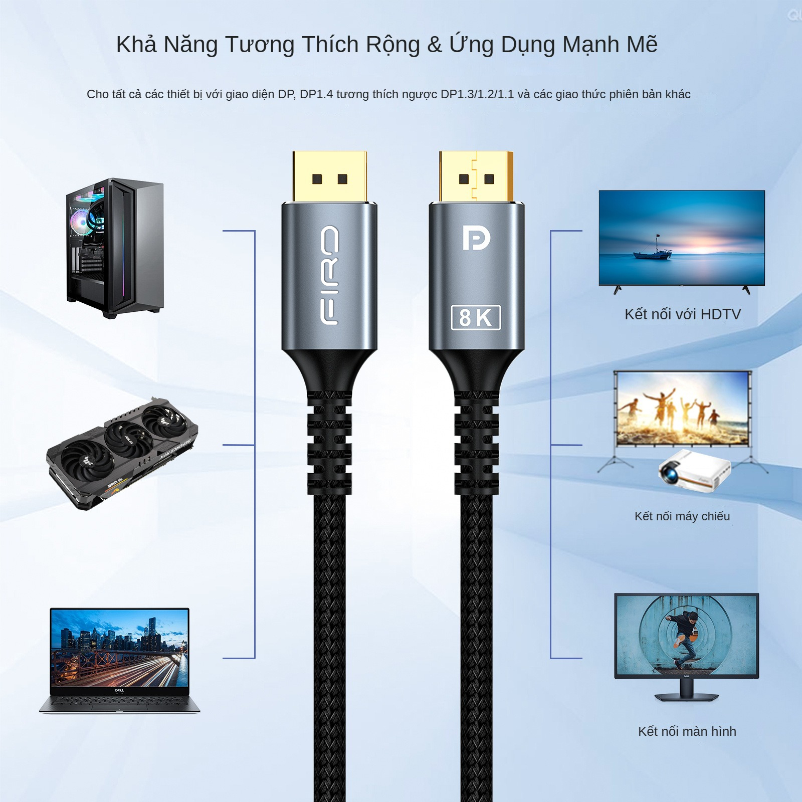 Cáp DisplayPort FIRO - Dây DisplayPort 1.4 8K/60Hz/32,4Gbps - Dài 2 Mét Lõi Dù Dùng Cho Tivi/ Máy Tính/ Playstation - Hàng Chính Hãng