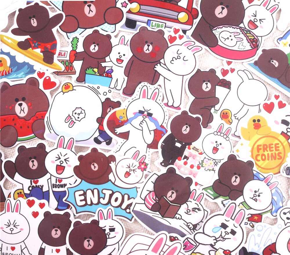 Set 100 sticker Gấu Thỏ Line Brown and Cony hình dán có ép lụa - Giao mẫu ngẫu nhiên