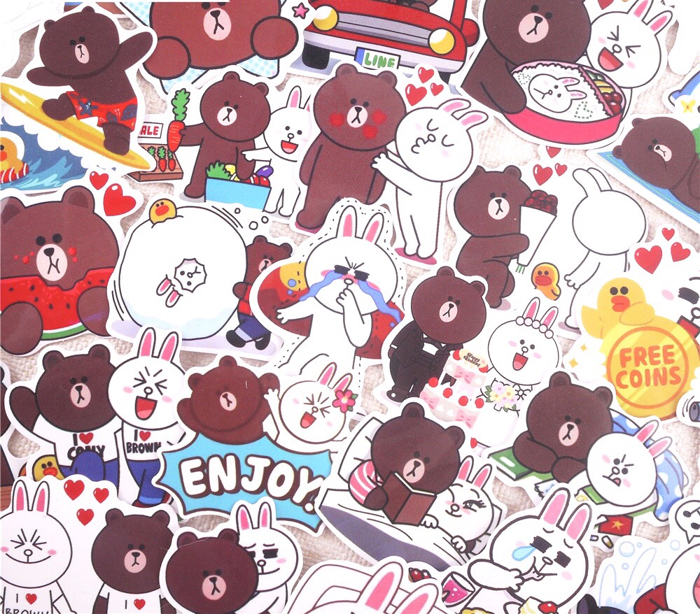 Set 30 sticker Gấu Thỏ Line Brown and Cony hình dán có ép lụa