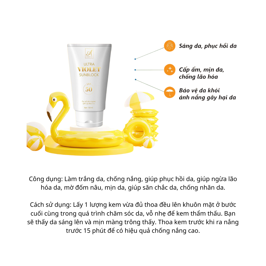 Kem Chống Nắng Ultra Violet Sunblock Acosmetics SPF50+ 50ml, Dưỡng Trắng Da, Mờ Đốm Thâm