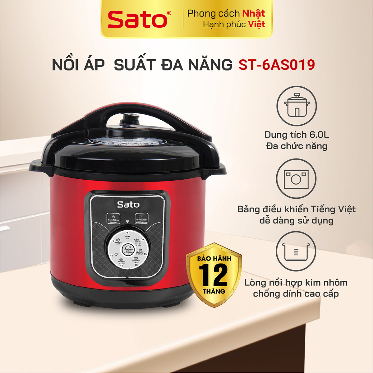 Nồi áp suất đa năng SATO Việt Nhật ST-6AS019 6.0L đa chức năng nấu cơm, nấu cháo, hầm, ninh súp, giữ ấm, làm sữa chua - Miễn phí vận chuyển toàn quốc - Hàng Chính Hãng