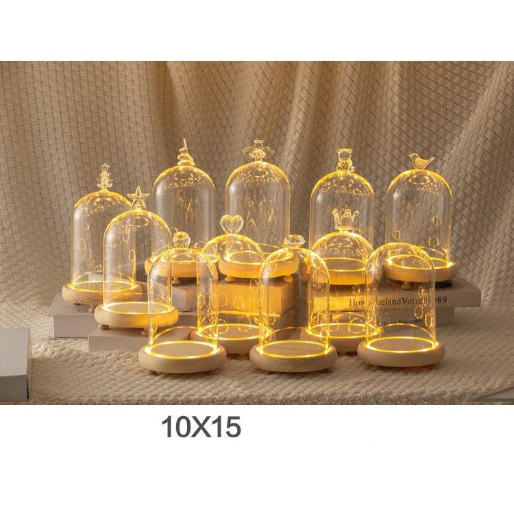 Chụp thủy tinh đế gỗ chống bụi, trang trí trái tim, chim, thỏ, noel - đậy nến thơm Candle Cup, BBW