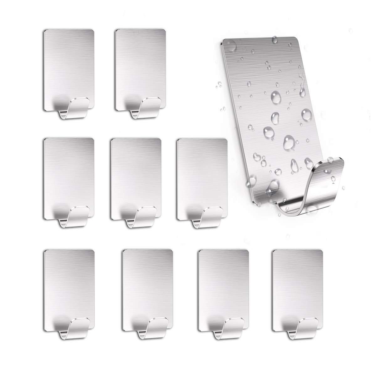 Hook tự làm, 10 miếng khăn treo tường móc dính Huyến dính tự làm bằng thép không gỉ, không khoan, rỉ sét, lý tưởng cho văn phòng nhà vệ sinh phòng tắm, bạc