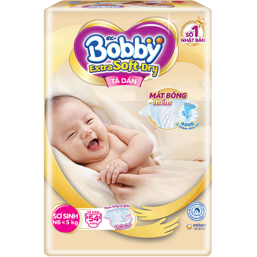 Tã Dán Cao Cấp Bobby Extra Soft Dry Mặt Bông Siêu Thấm Hút XS54 (54 Miếng)