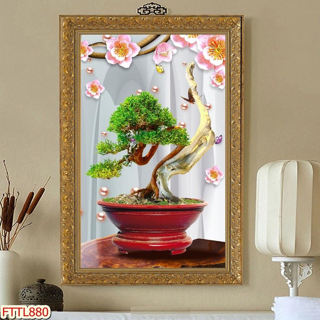 Tranh dán tường Tranh tết 2021 Tranh thư pháp Chậu Bonsai - hoa mai Phú Quí, Tranh dán tường 3d