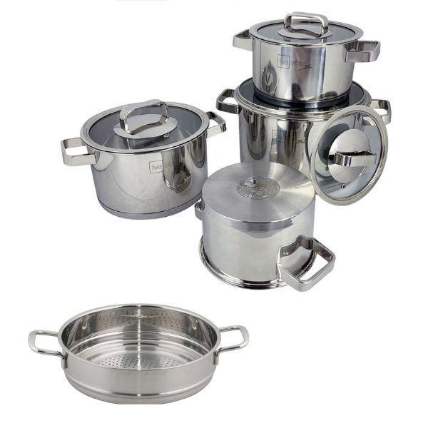 Bộ nồi inox 304 bếp từ 3 đáy và xửng hấp inox 24cm Fivestar nắp kính tặng 1 SẠN INOX