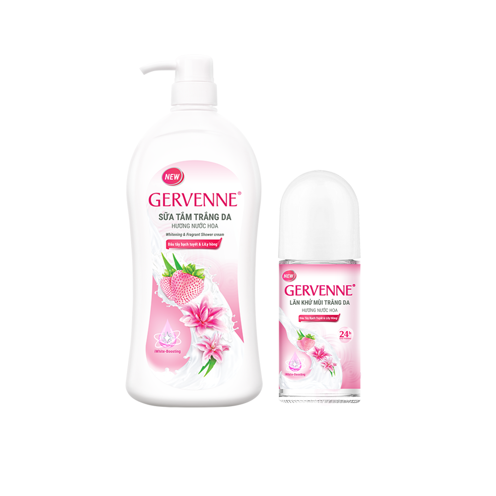 Combo Sữa tắm trắng da Gervenne 1.2L và Lăn khử mùi trắng da hương Dâu Tây Bạch Tuyết và Lily Hồng 50ml