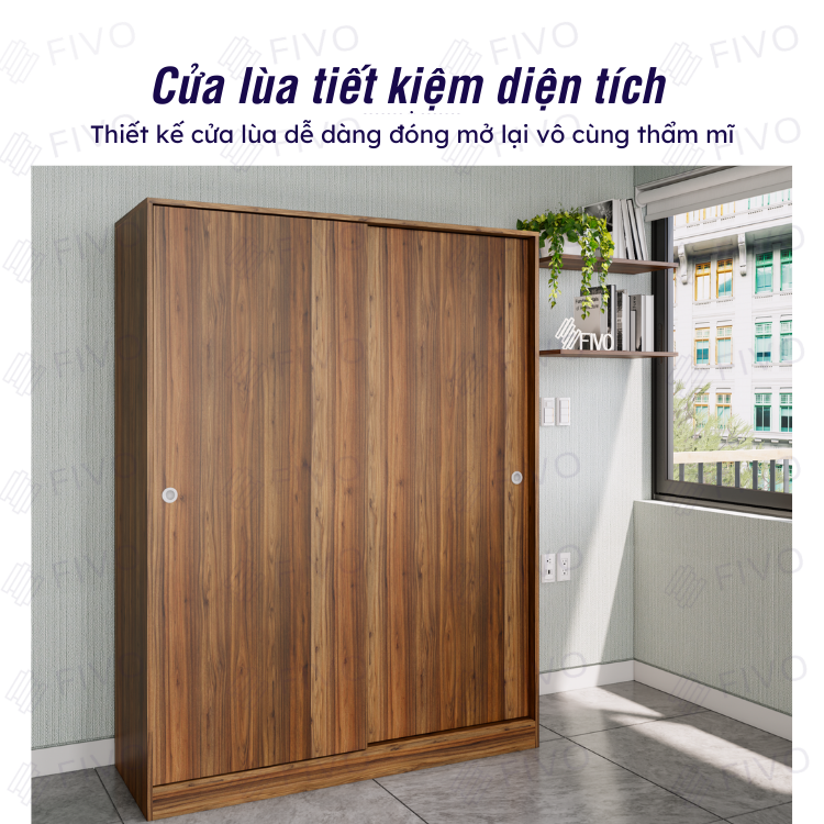 Tủ Áo Quần Cửa Lùa Sang Trọng Gỗ MDF Lõi Xanh Chống Ẩm FC31 FIVO Màu Walnut Ấm Cúng Cho Phòng Ngủ, Thiết Kế Rộng Rãi