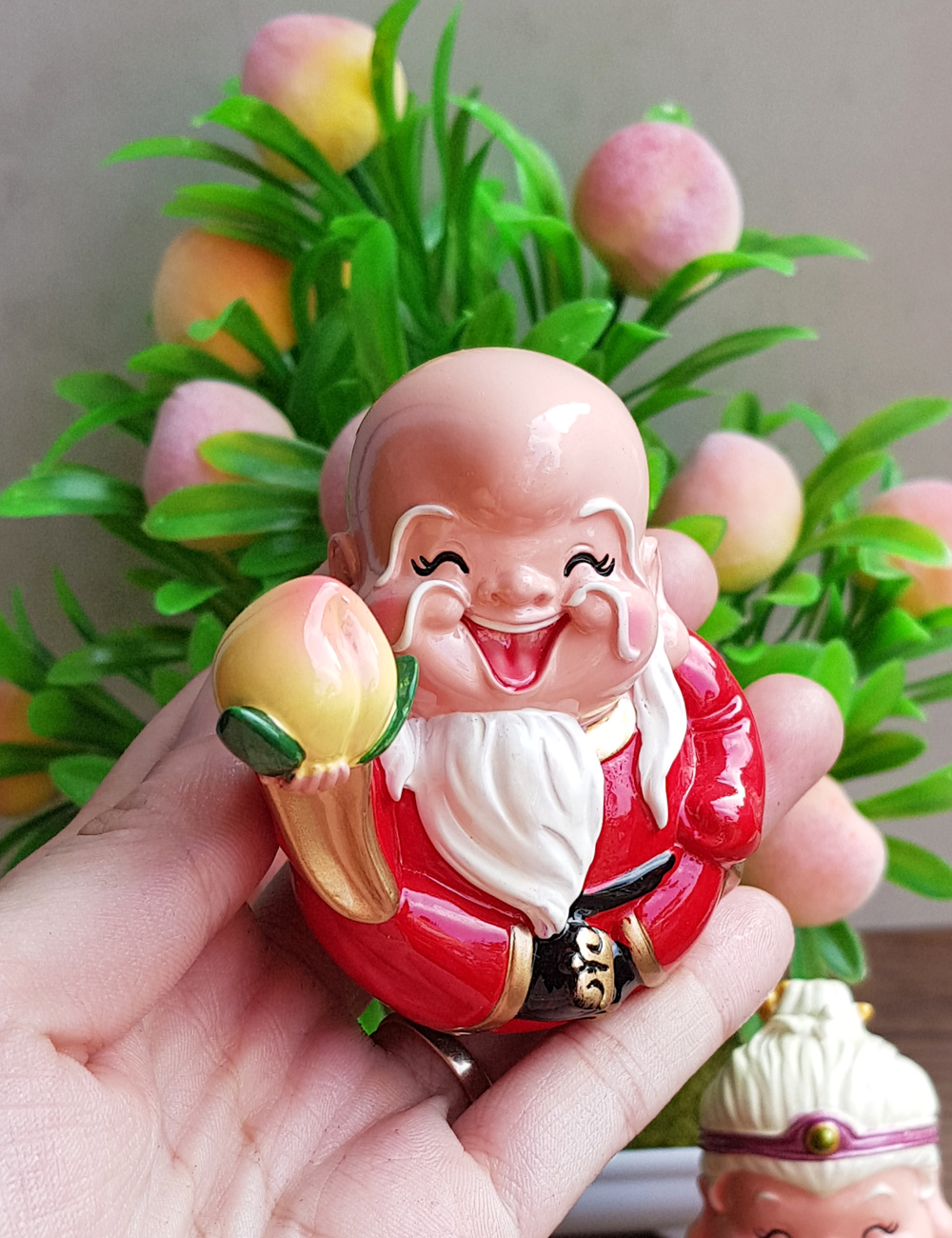 Bộ 02 tượng Ông Bà Thọ / Bách Niên Giai Lão 7cm kèm chậu đào trường thọ 10cm