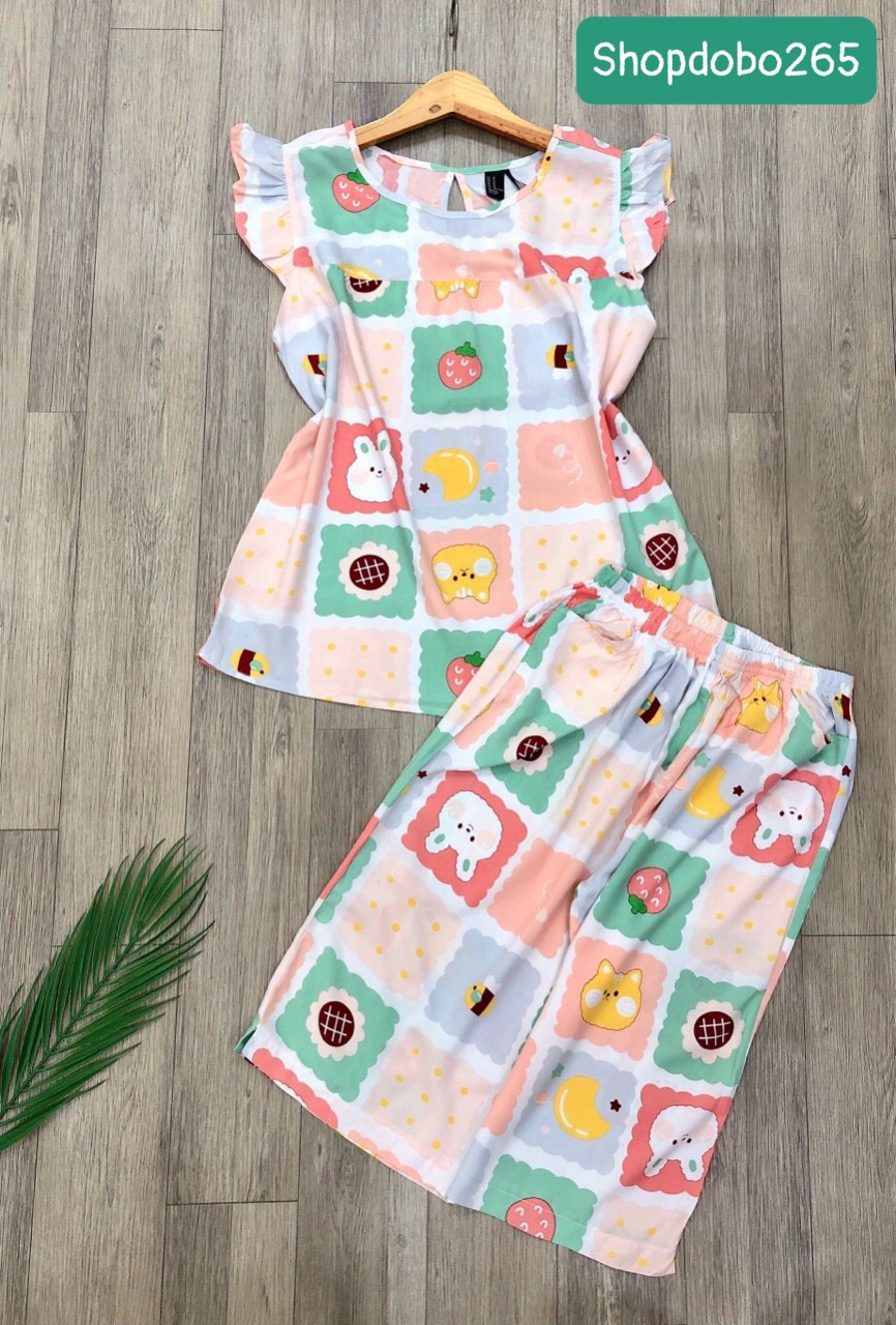 Đồ bộ nữ, đồ ngủ mặc nhà lửng tay cánh tiên vải lanh mềm ,mát BL 183 họa tiết dễ thương size 45-70kg