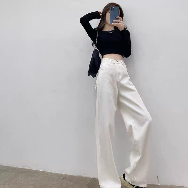 Quần Jean Ống Rộng Lưng Cao Trơn ThunderUnisex Quần Bò Ống Suông Nữ Phong Cách Ulzzang Hàn Quốc