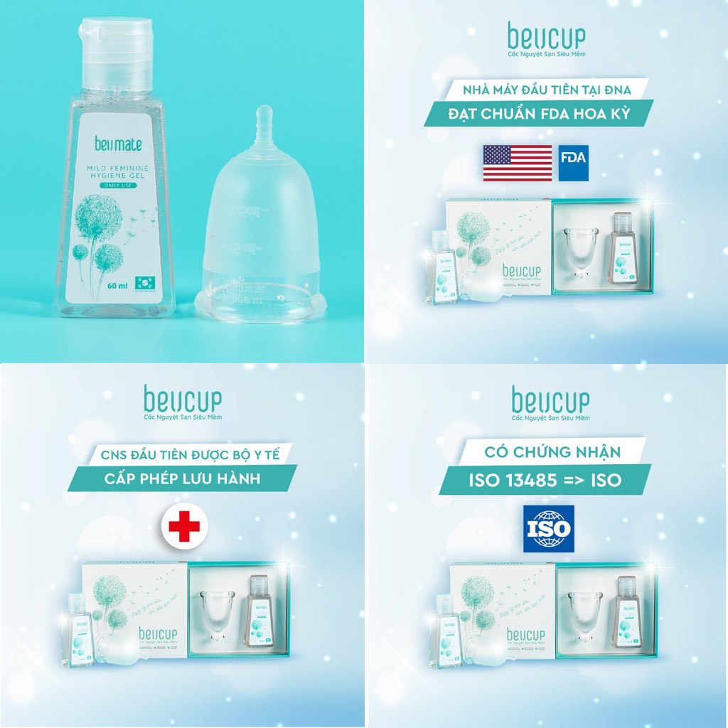 Combo Bộ 1 cốc nguyệt san BeUcup silicol y tế siêu mềm và 1 Dung dịch vệ sinh phụ nữ beUcare 100ml chính hãng