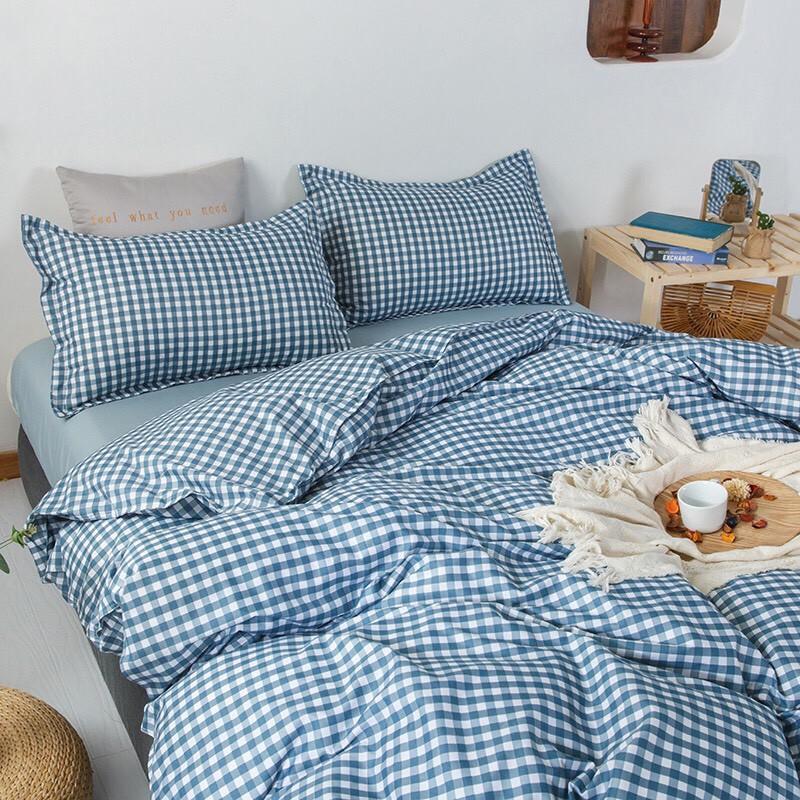 Bộ chăn ga gối Cotton poly M2T bedding Caro xanh nhỏ, vỏ chăn mền, drap giường và 2 vỏ gối