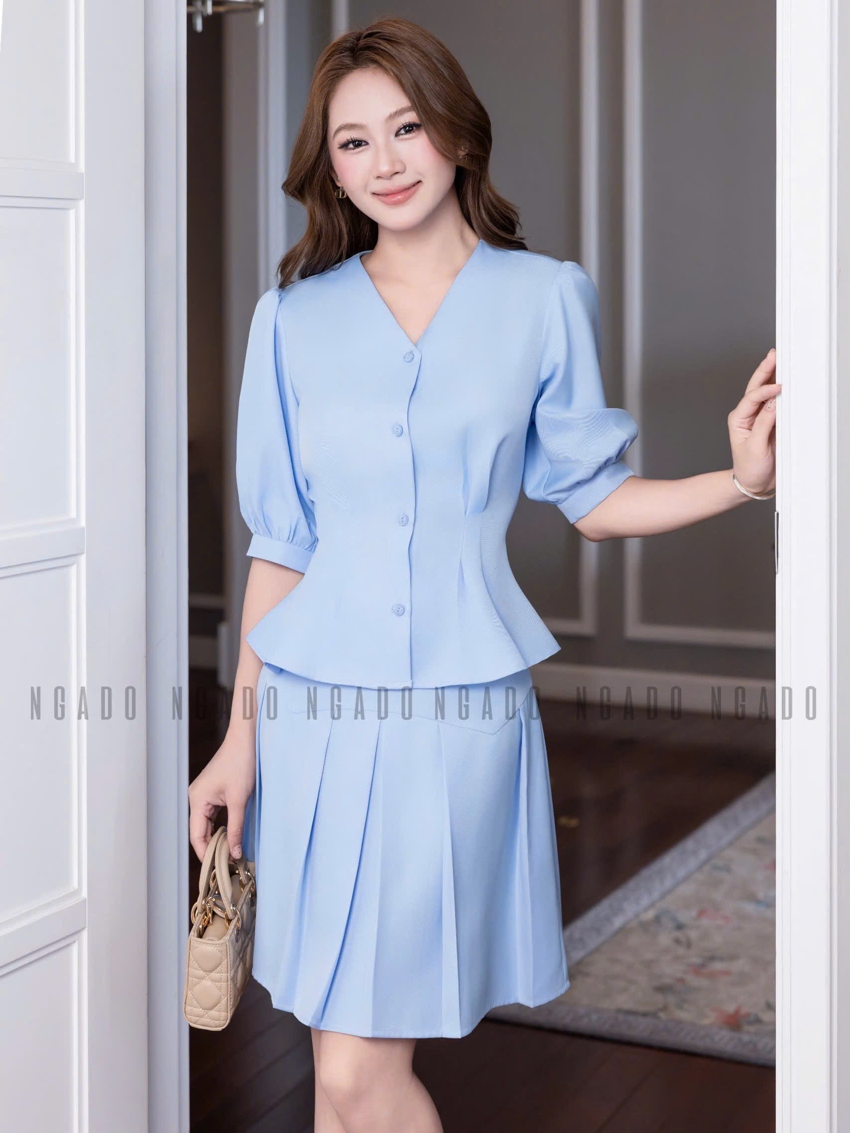 Set áo váy xanh biển tay lửng NGADO , set áo váy kiểu , set áo váy Nữ