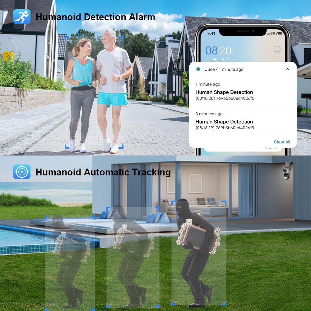 8MP 4K Camera IP Ống Kính Kép Màn Hình Kép Camera PTZ Wifi Ngoài Trời Chống Nước An Ninh Video Camera Giám Sát Báo Động