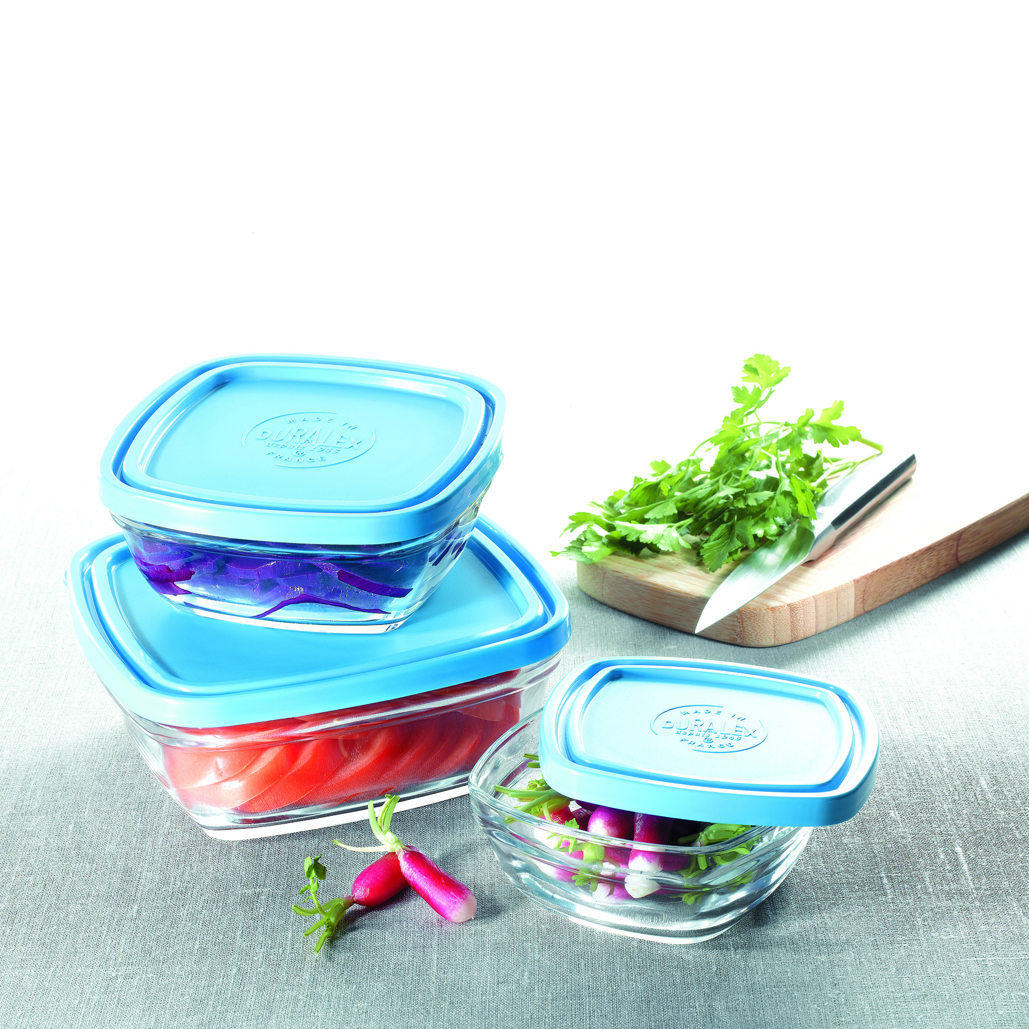 Hộp thực phẩm D9023A Duralex - Freshbox Nắp Xanh Blue 2000ml Thủy tinh cường lực cao cấp Pháp