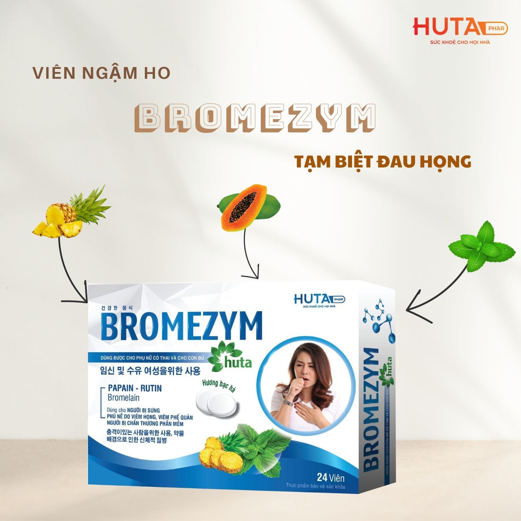 Viên ngậm BROMEZYM HUTA, giảm sưng, đau do viêm họng, viêm phế quản hộp 24 viên