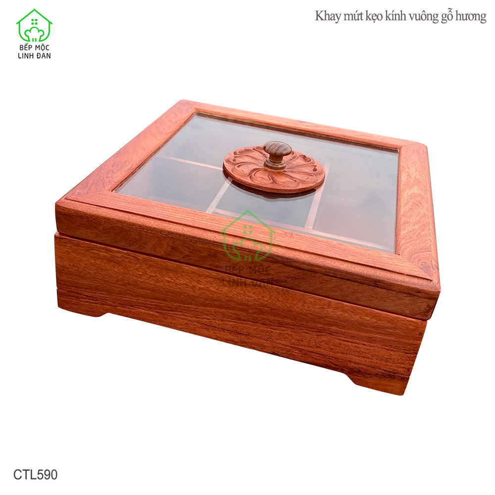 Khay gỗ Hương đựng bánh kẹo, mứt Tết - Hình vuông nắp kính cỡ lớn, mẫu mới nhất - CTL590