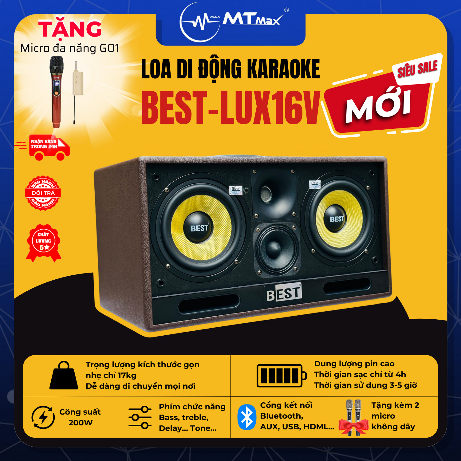 Loa Di Động Best Lux16V – 2 Bass 16 Sở Hữu Âm Thanh Chất Lượng, Thiết Kế Độc Đáo ( Tặng Micro G01 ) Hàng Chính Hãng