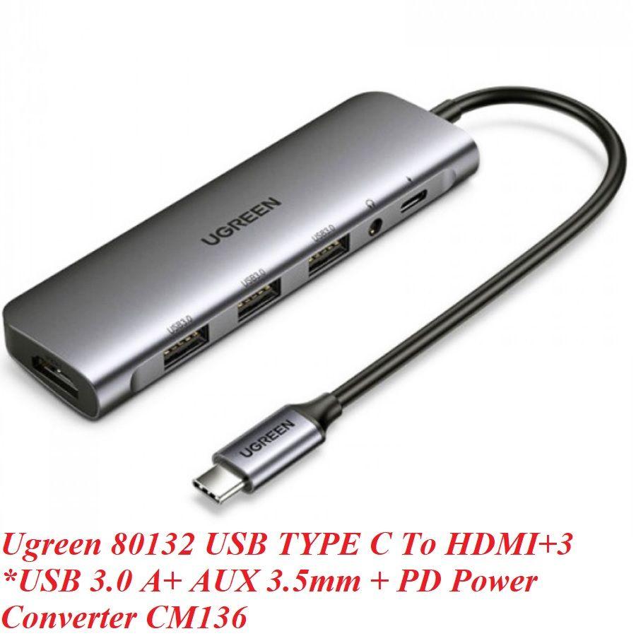 Ugreen UG80132CM136TK 100W PD + AUX 3.5mm support Mic + HDMI 4K 30hz + 3 * USB 3.0 A Bộ chuyển đổi USB type C sang 6 trong 1 màu xám - HÀNG CHÍNH HÃNG