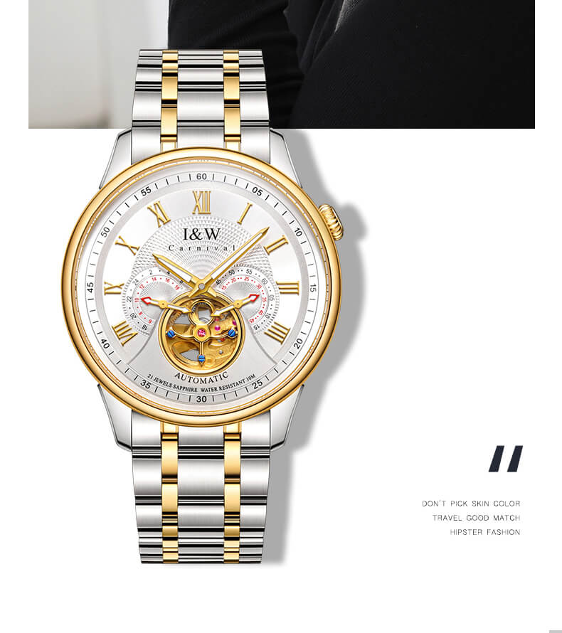 Đồng hồ nam chính hãng IW Carnival IW613G-1,Kính sapphire chống xước,Chống nước 50m,BH 24 tháng,Máy Cơ Automatic nhật bản,dây thép không gỉ 316L,mặt trắng dây trắng vàng lộ cơ