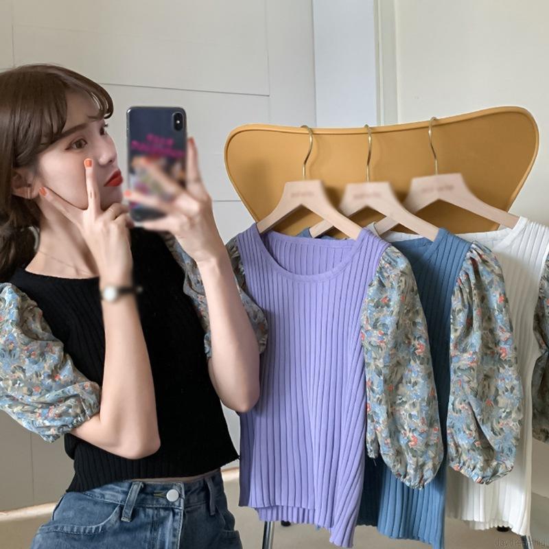 Áo Thun Dệt Kim Tay Ngắn Cổ Tròn Hoạ Tiết Hoa Cho Phái Nữ