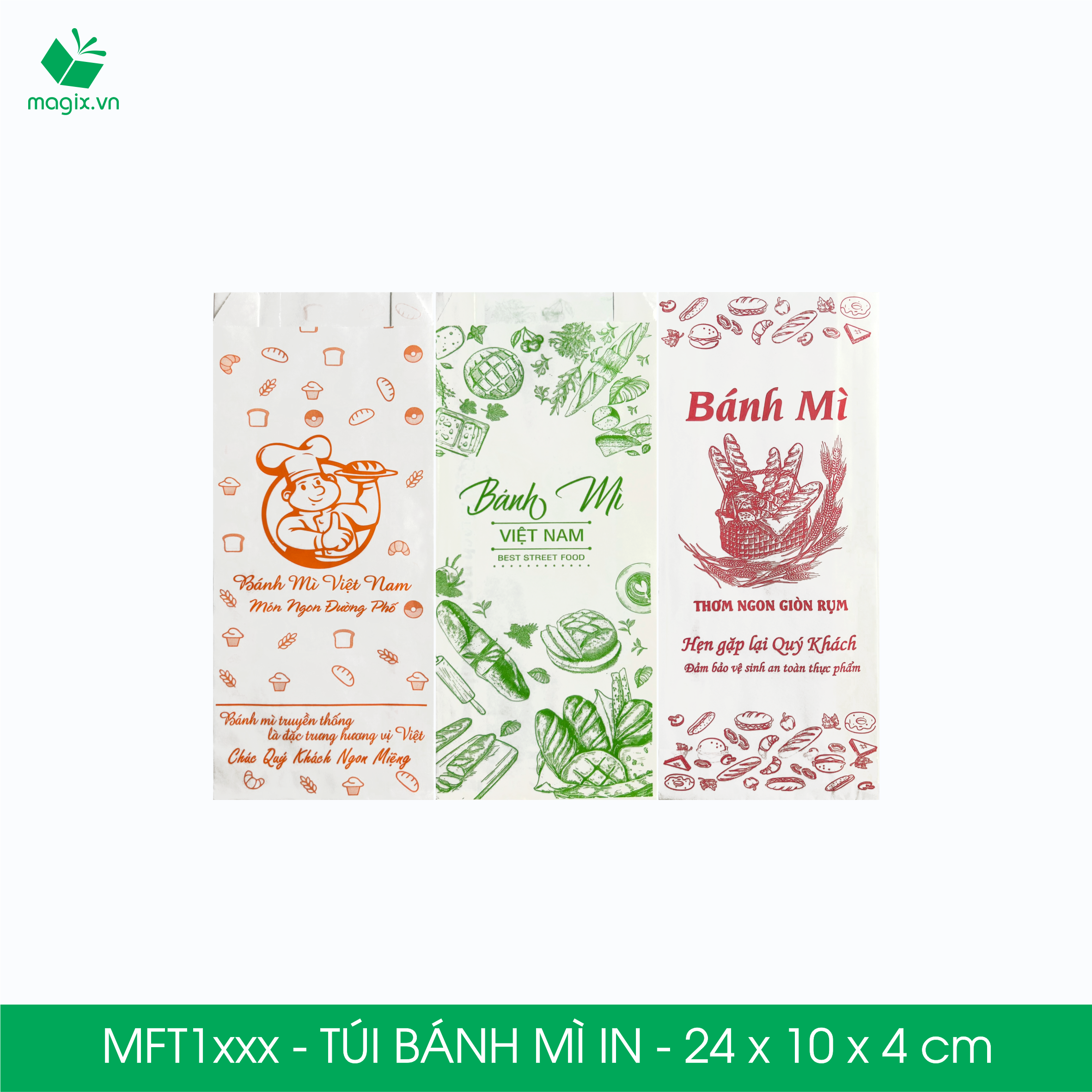 Combo 100 Túi bánh mì in - 24x10x4 cm - In sẵn họa tiết nhiều mẫu - Bao bánh mì Túi giấy thực phẩm an toàn