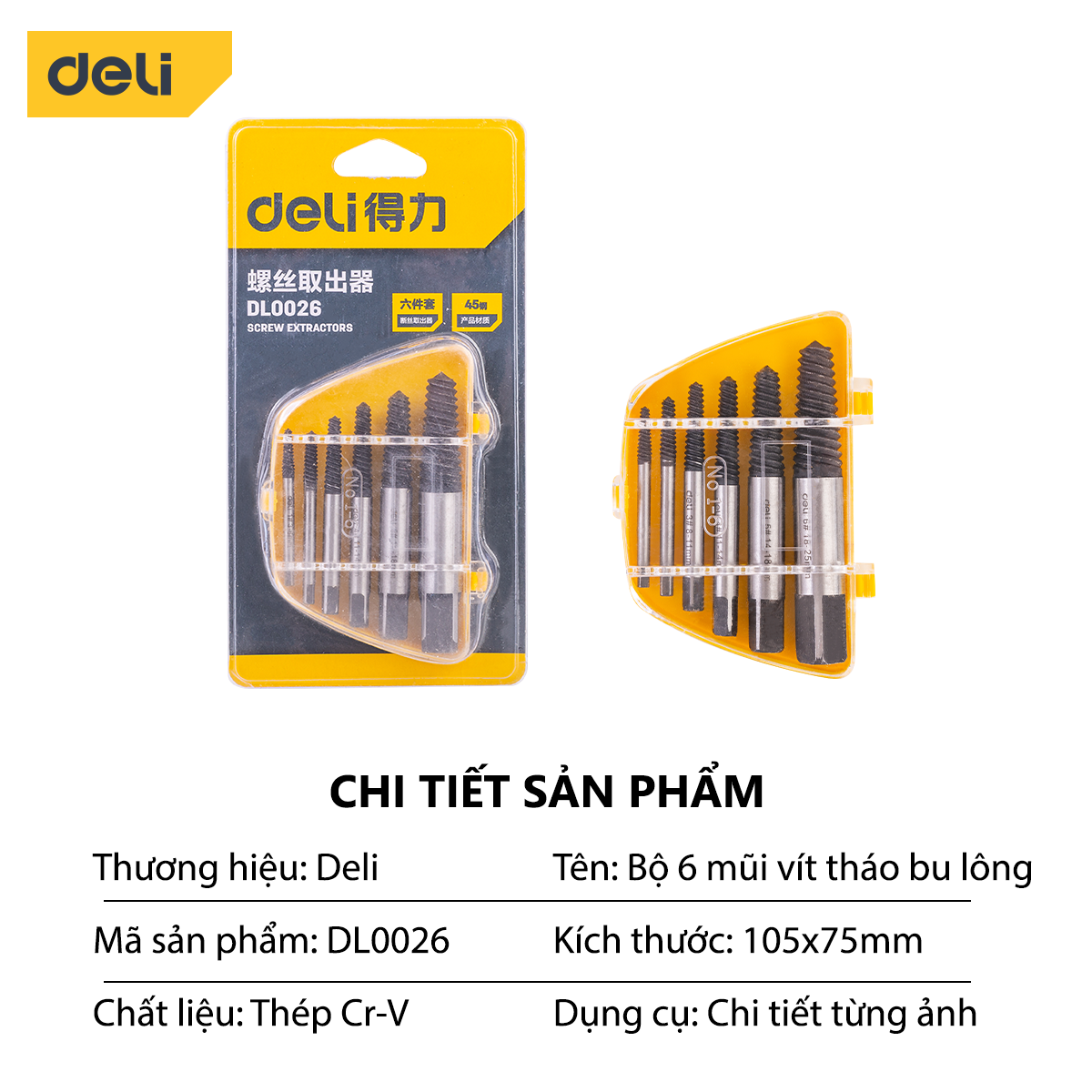 Bộ Mũi Vít Deli Nhổ Ốc Gãy, Tháo Bu Lông 6 Đầu Vít - Chất Liệu Thép CR-V Chống Mòn Gỉ - Dễ Dàng Sử Dụng - DL0026