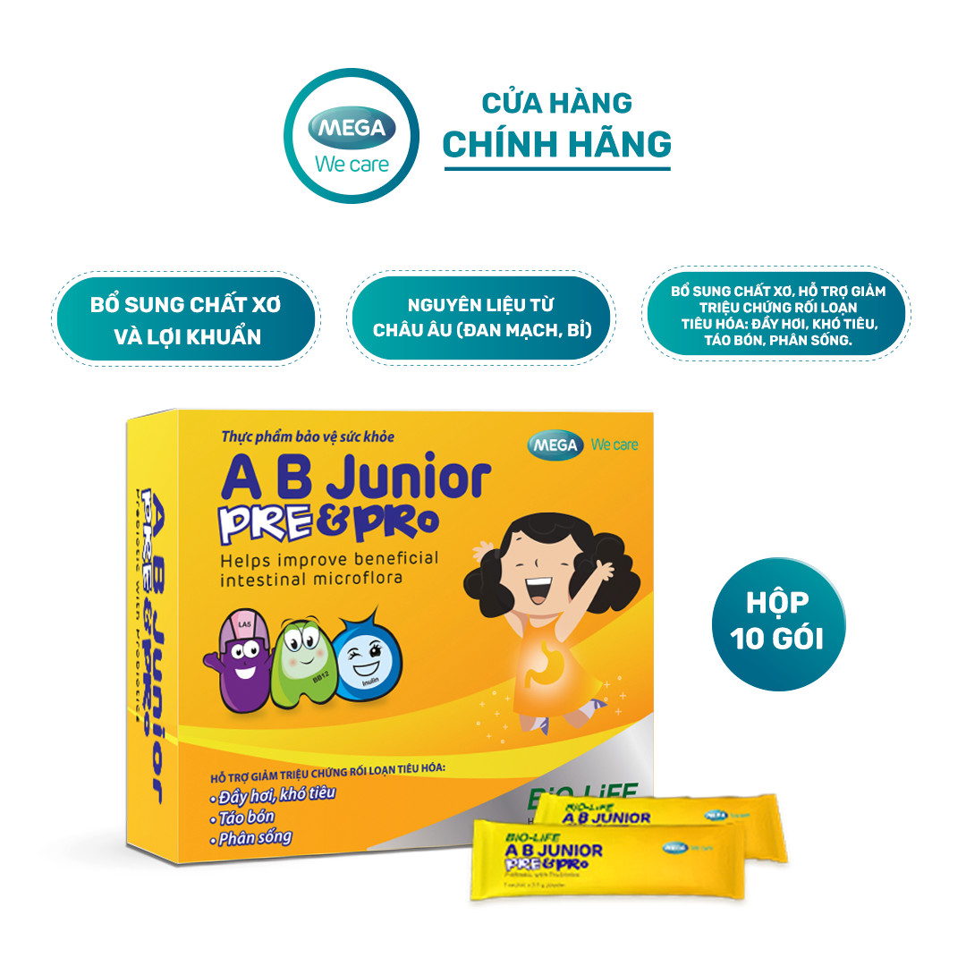 Gói bột men vi sinh lợi khuẩn sống & chất xơ, khỏe đường ruột, giảm táo bón, khó tiêu, đầy hơi AB JUNIOR PRE&PRO 10 gói