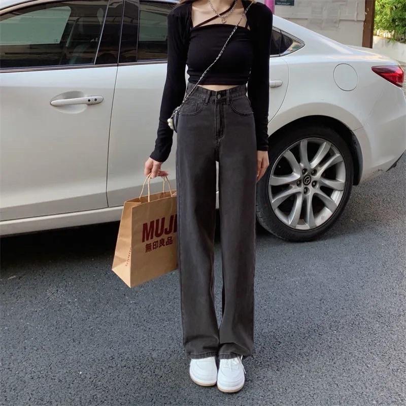 Quần Jeans Màu Đen Khói Nam Nữ Unisex Ống Suông Cạp Cao Chất Loại 1 Phong Cách Ulzzang Mặc Hàng Ngày Đi Học Đi Làm